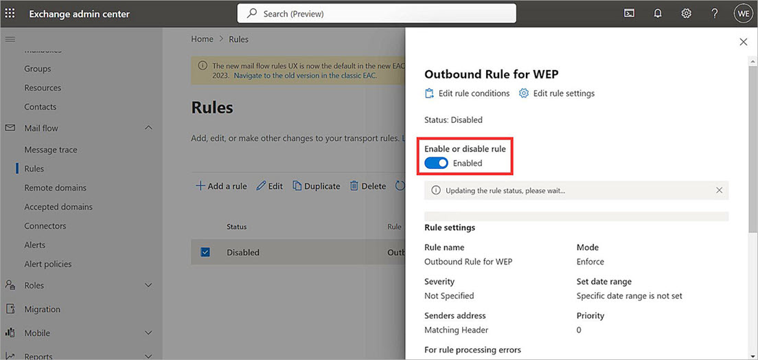 Screenshot of the Microsoft 365 configuration Rule settings dialog box
